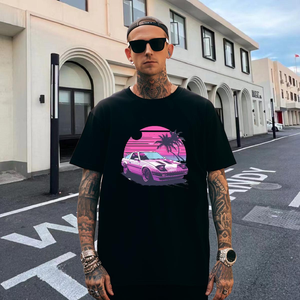 Loose Fit Mens Tshirts Beach 230g Pure Cotton Anime Print Short Sleeve O-Neck beach T-Shirts for Men Fashion Wear