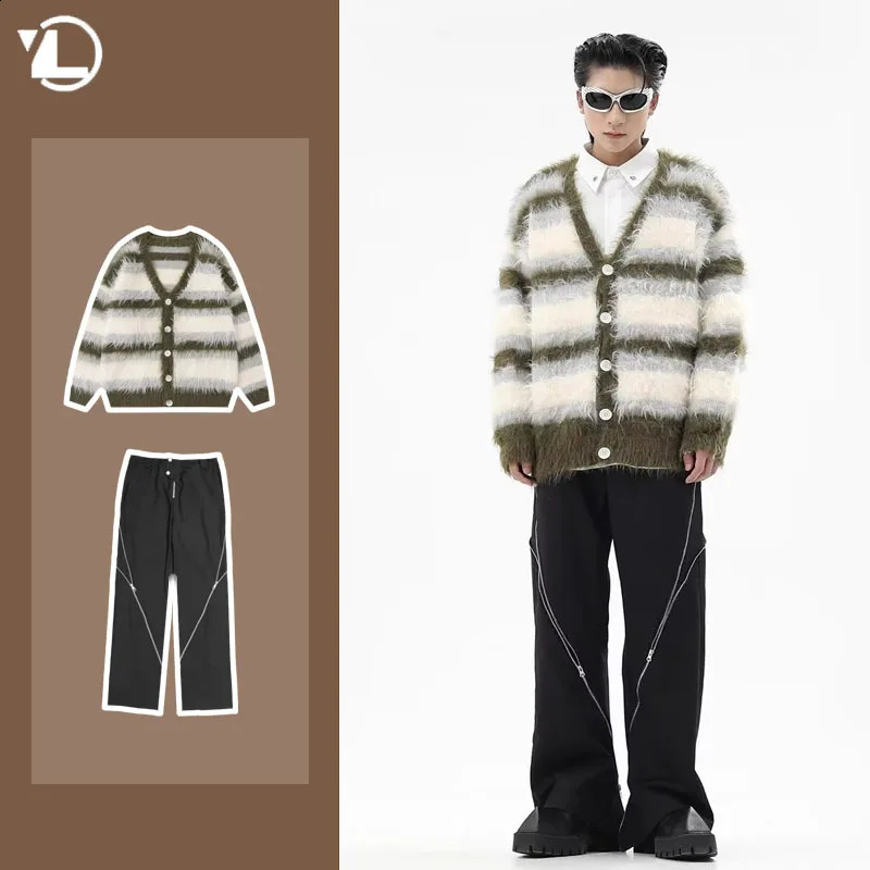 Japanese Retro Mens Two-piece Set V-neck Striped CardiganZipper Split Casual Straight Leg Pants Suit 2024 Spring Male Set 240819