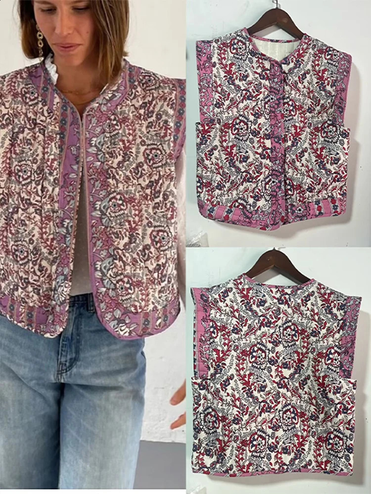 Retro Bohemian womens vest jacket autumn thick coat sleeveless short sleeved fashionable printed 240819