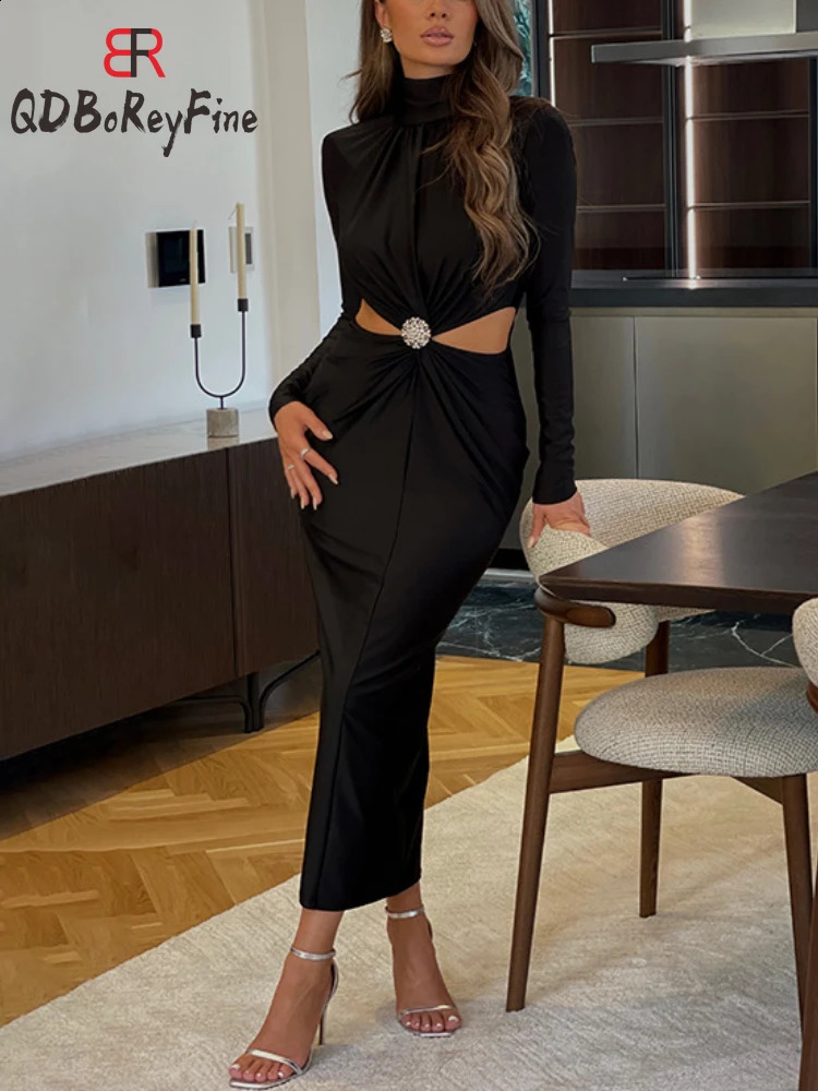 Women Bodycon Dress Elegant Long Sleeve Hollow Out Sexy Party Dress Spring Fall Maxi Fashion Club Evening Dress for Women 240819
