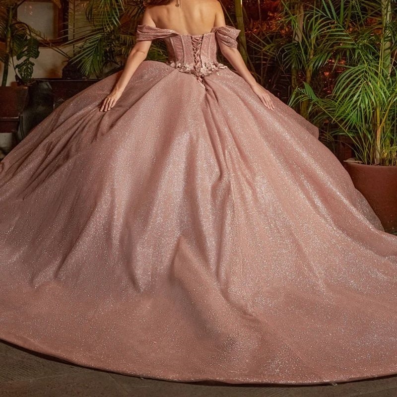 Rose Gold Sparkly Quinceanera Dresses Gillter Off Shoulder Applique wer Tull Corset sweet 16 vestidos 15 de xv anos 2024