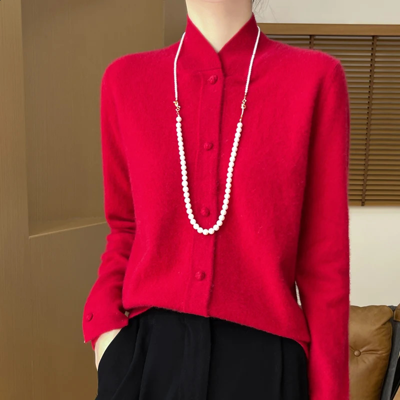 China collar 100% Merino wool cardigan sweater autumn and winter retro solid color jacket loose knit top 240819