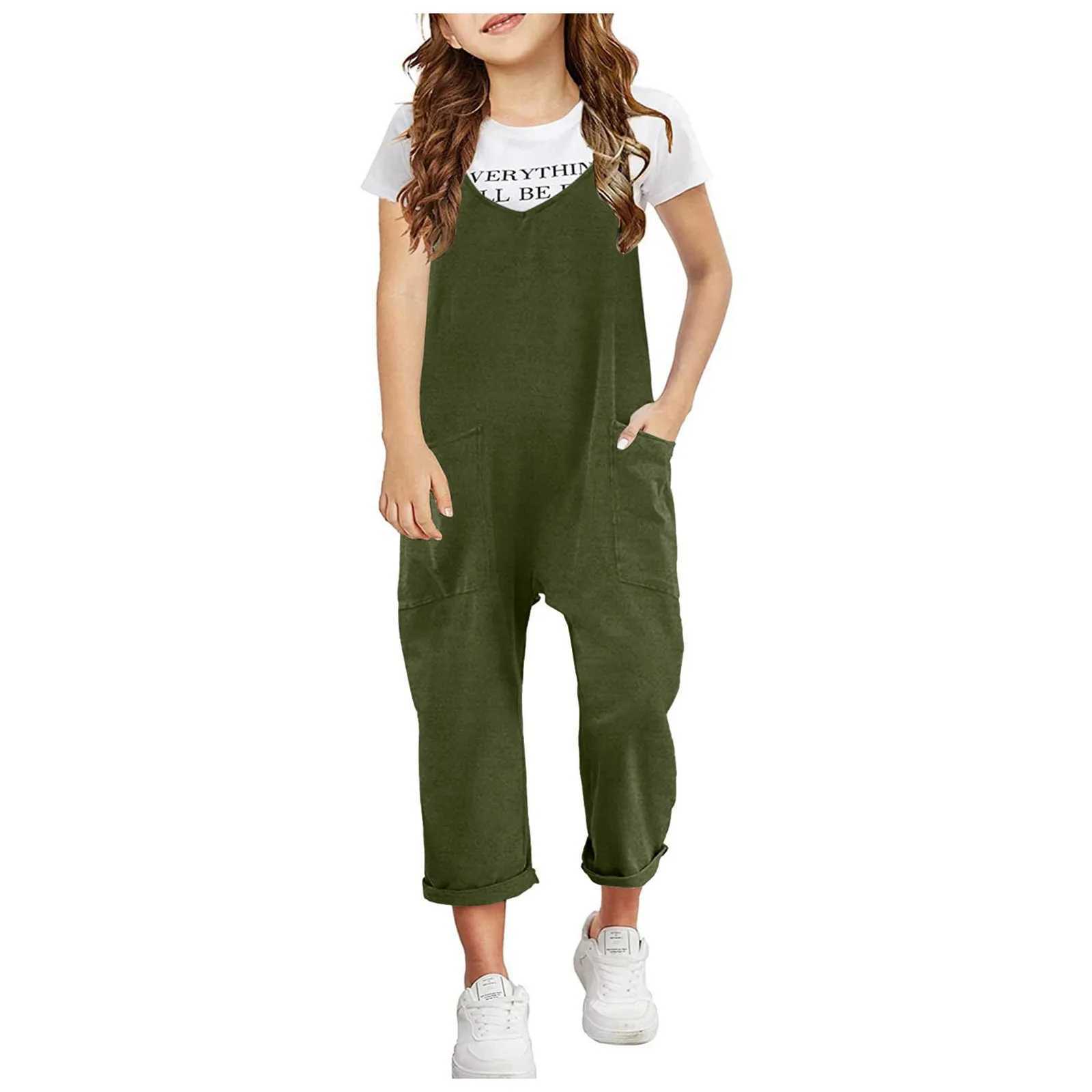 Girls casual sleeveless jumpsuit with spaghetti straps comfortable loose top pants pocket thin lotus dress W240806
