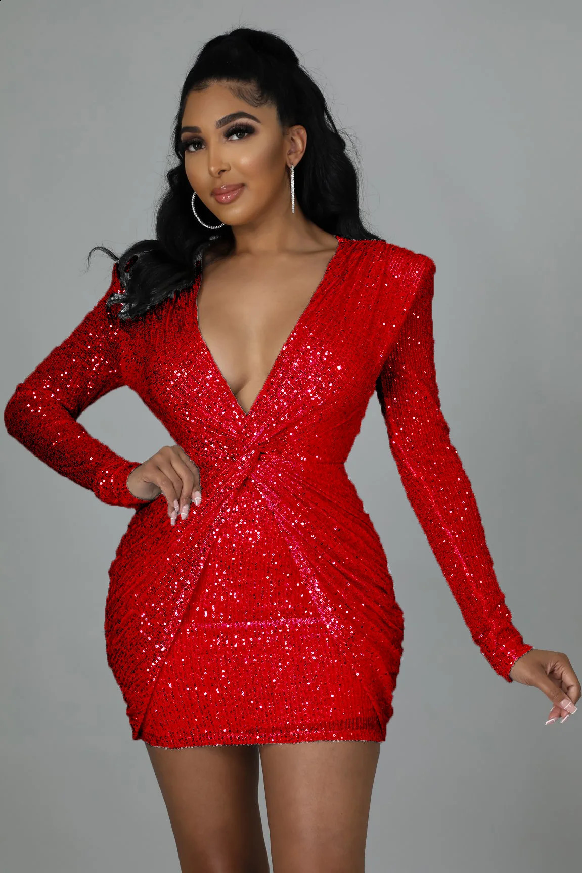 Elegant Party Dresses for Women Sequin V-neck Pleated Slim Sexy Dress 240819