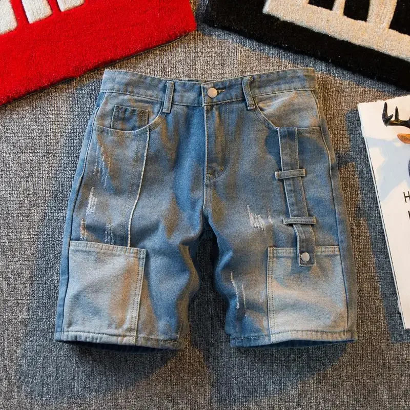 Mens short jeans pants cargo bag splicing work wide mens denim shorts loose trend Xl Korean fashion streetwear summer cutting 240819