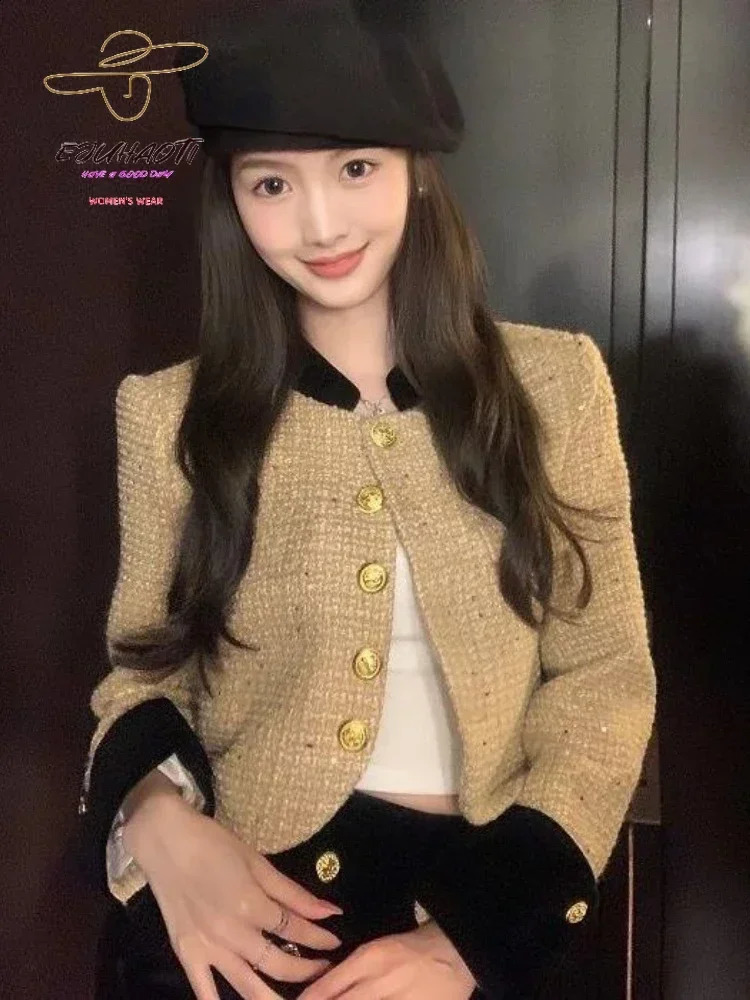 Womens jacket short contrast color joint tweet stand collar small perfume blouse womens clothing Korean fashion 240819