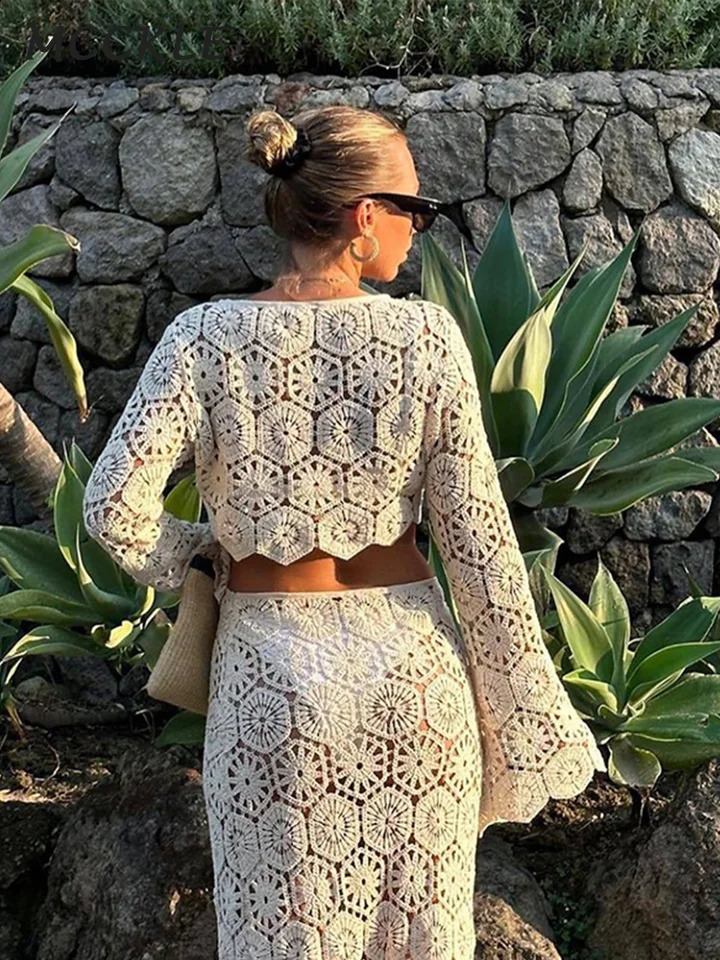 Slim Knit Crocheted Hollow Out Skirt Suit Women Long Flare Sleeve O-neck Crop Tops Hip Package Skirts 2024 Autumn Lady Beach Set 240813