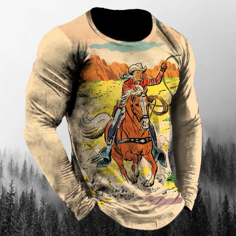 Western Cowboy Retro Tough Guy Style 3d Printing Spring And Autumn Mens Long Sleeved T-Shirt Relaxed And Fashionable Top 6xlXJ240819
