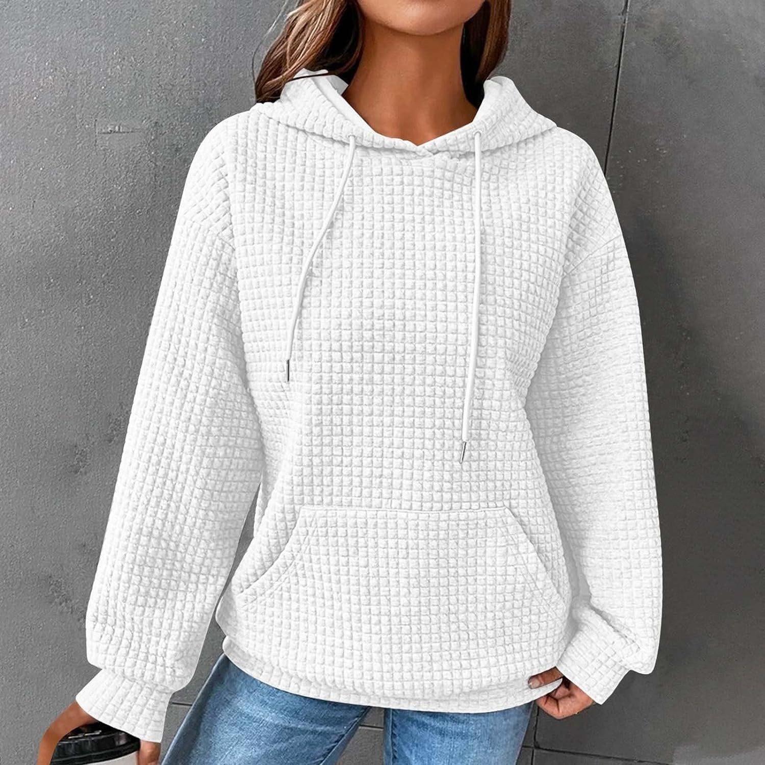 Women's Solid Color Waffle Hoodie with Long Sleeves and Drawstrings - Warm Pullover Top