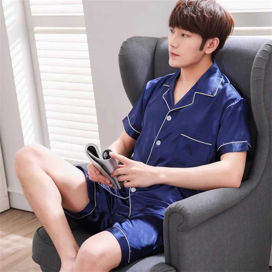 2024 Summer Mens Pajama Set Large Silk Short sleeved Top and Short sleeved Satin Pajama Home Clothing Evening Dress Mens Casual ClothingW240719