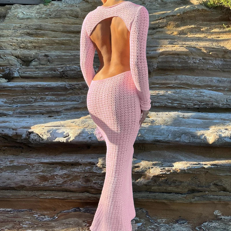 BKLD Womens Sexy Backless Sweater Knitted Dress Cut Out Long Sleeve Perspective Bodycon Maxi Pink Dress Trend Out Door Clothes 240819