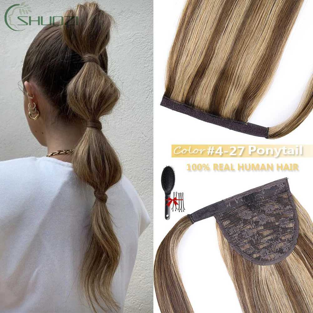 Ponytail long human hair wrapped in ponytail long hair dark brown high gloss strawberry blonde ponytail human hair W240817