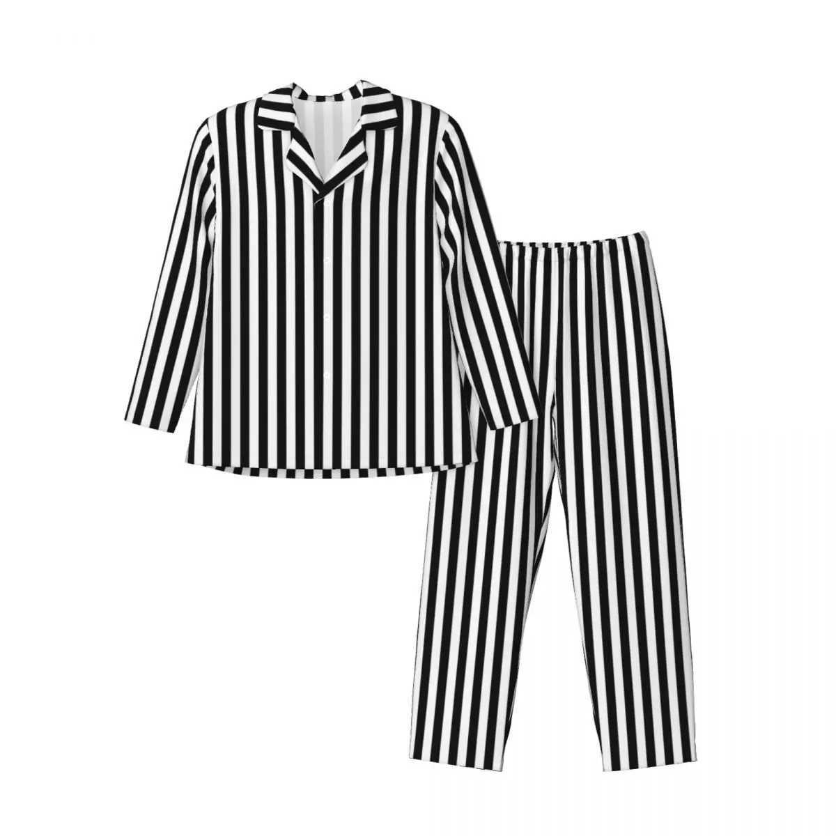 Black and white striped pajamas with spring vertical line printing casual oversized pajamas set mens long sleeved fashionable home setW240719