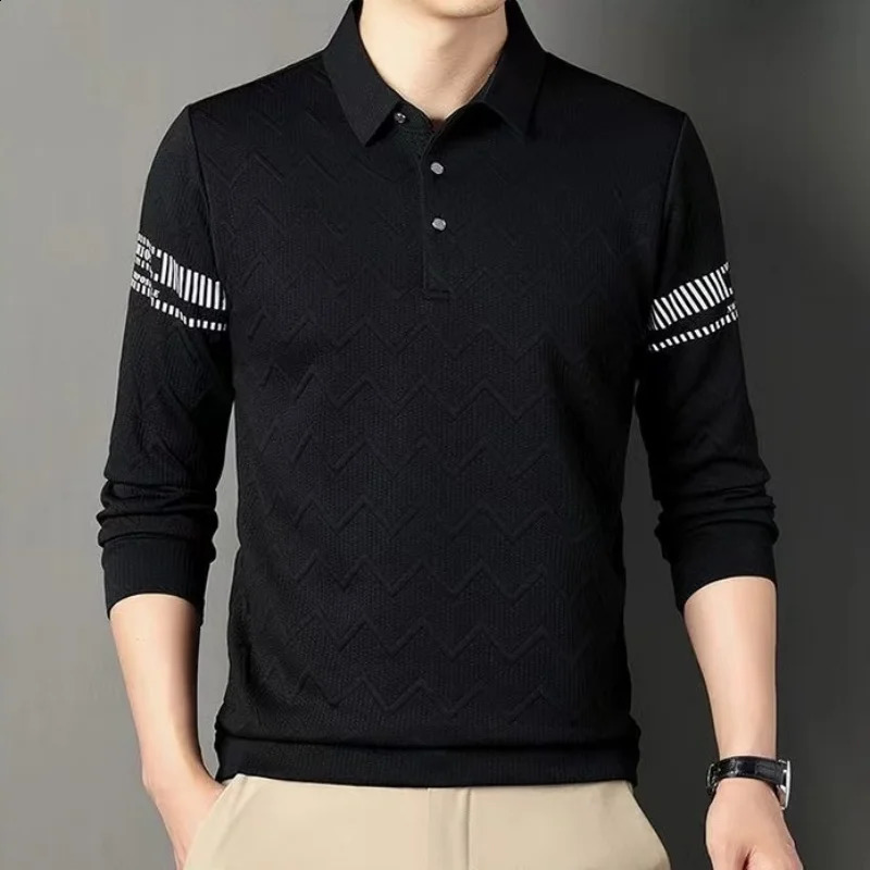 Korean Simple Autumn Casual Mens Polo Shirt Solid Print Lapel Button Jacquard Fashion Loose Trend Versatile Long Sleeve Top 240820