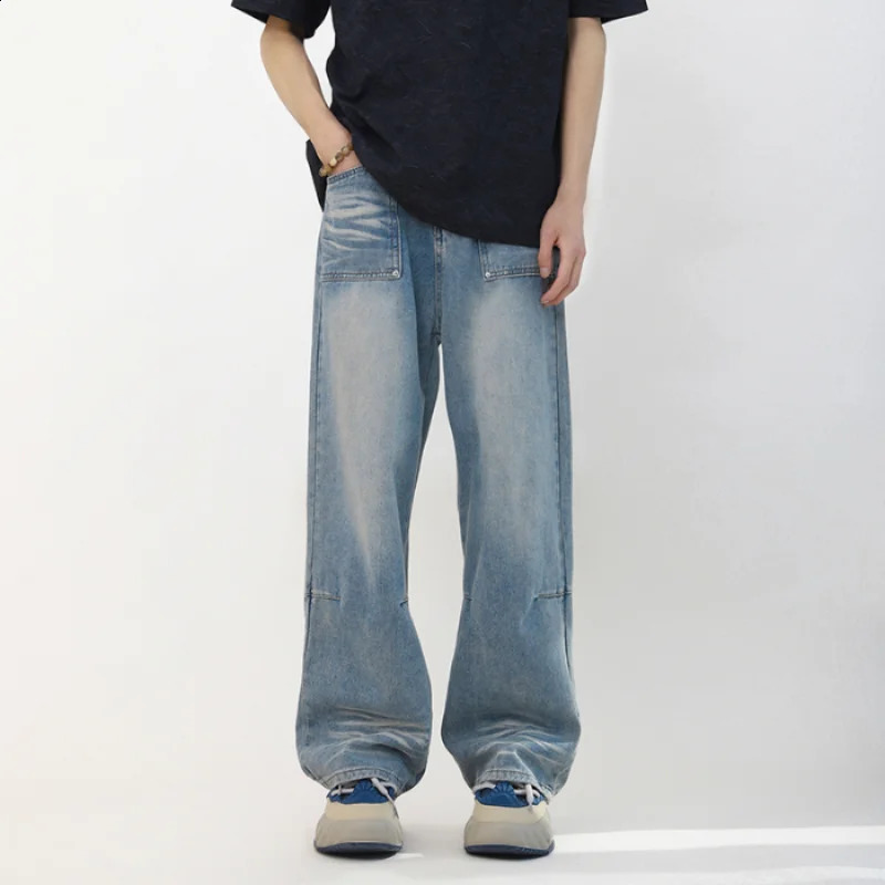 Mens High Street Fashion Baggy Jeans Blue Y2K Four Seasons Comfortable Soft Vintage Casual Straight Denim Pants Streetwear Male 240822
