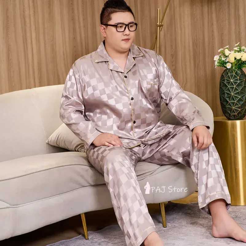 Mens sleepwear silk satin long sleeved spring clothing plus size 7XL 8XL plain weave mens full body sleepwear lounge setW240719