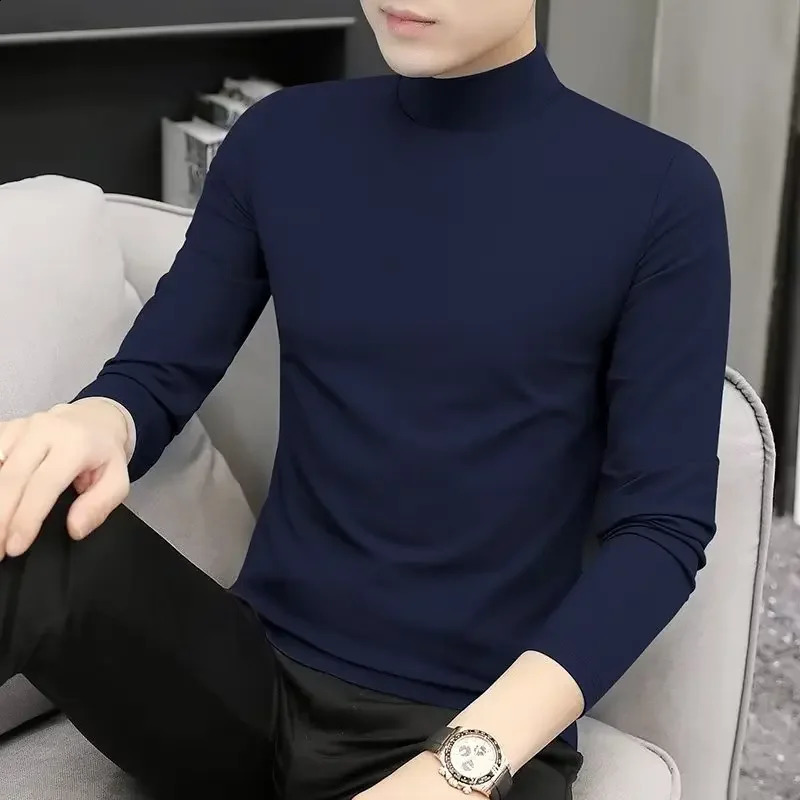 Mens Autumn/winter Turtle Neck Long Sleeve T-shirt Solid Color Top Inner Base Layer Top Half Polo Sweater 240820