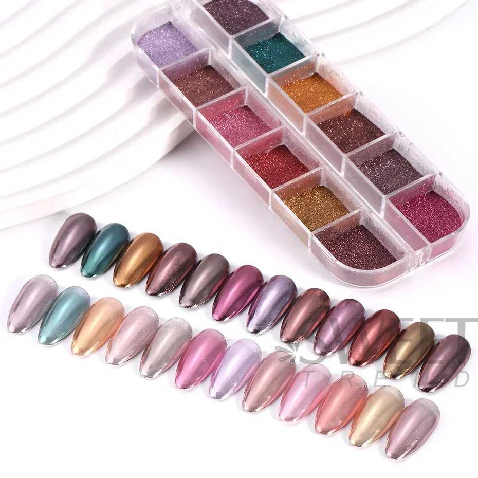 12 Grids Colorful Metallic Nail Mirror Powder Glitter Winter Brown UV Gel Polish Chrome Dust Metallic Effect Pigment DecorationsXJ240815