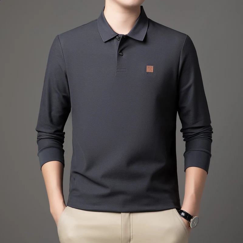 High Quality Autumn Mens Business Casual Solid Color Printed n Korean Style High-end Long-sleeved Polo Shirt Top M-4XL 240820
