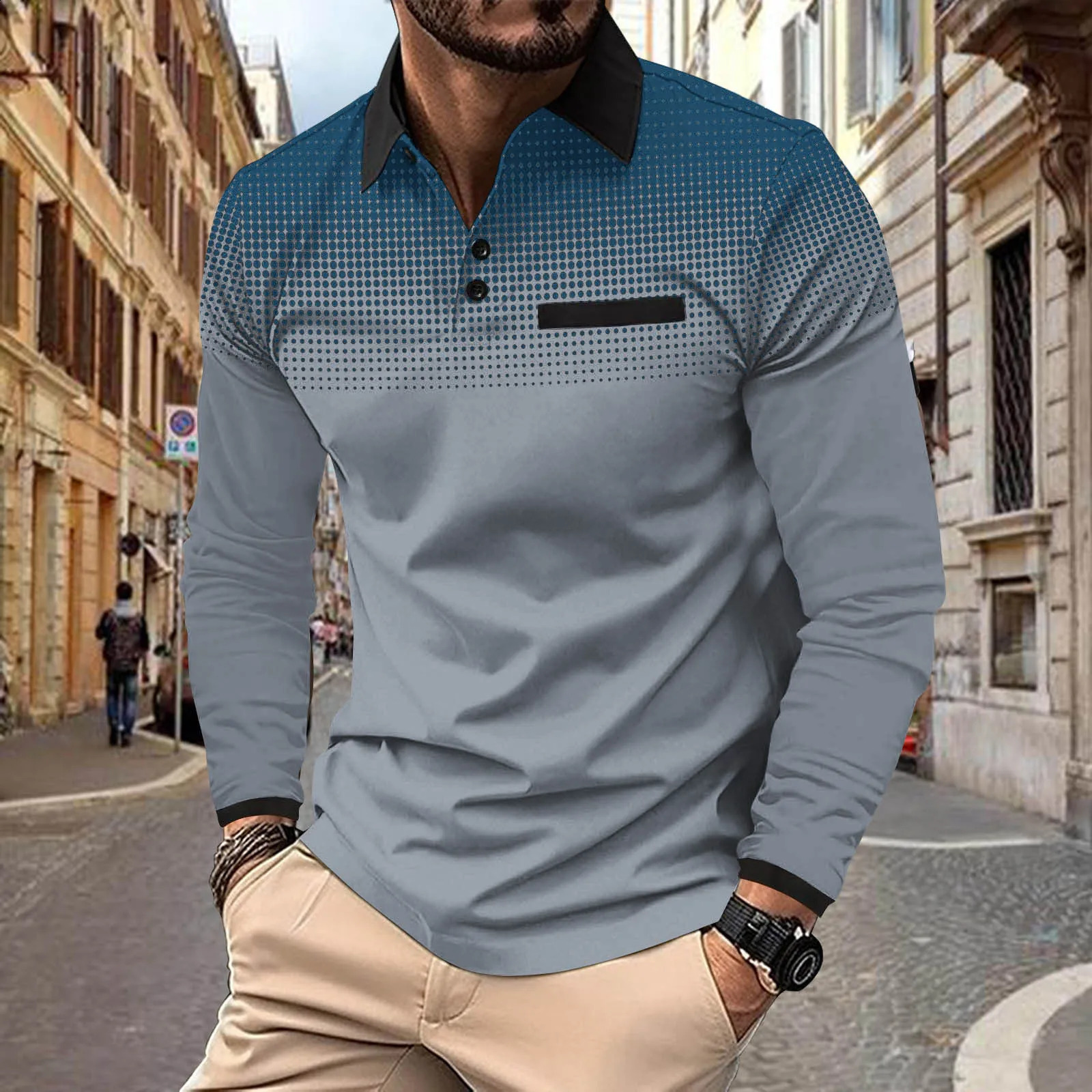 Spring and autumn mens top dad long-sleeved printed polka dot lapel sport loose T blood lapel shirt 240820