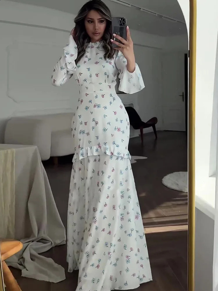 Tossy Ruffle Printed Long Sleeve Long Dress Womens Elegant Contrast Color Slim Fit Lace Waist Casual Summer Fashion Long Dress 240819