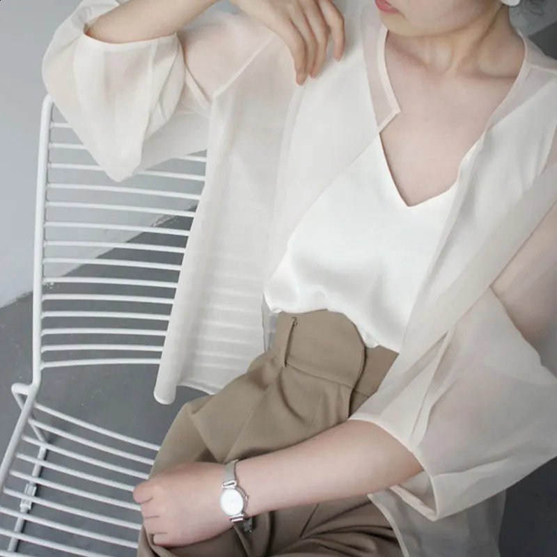 Women Summer Sun-proof Cardigan Through Fashion Sunscreen Thin Shawl Perspective Long Sleeve Blouse Chiffon Organza Coat 240820
