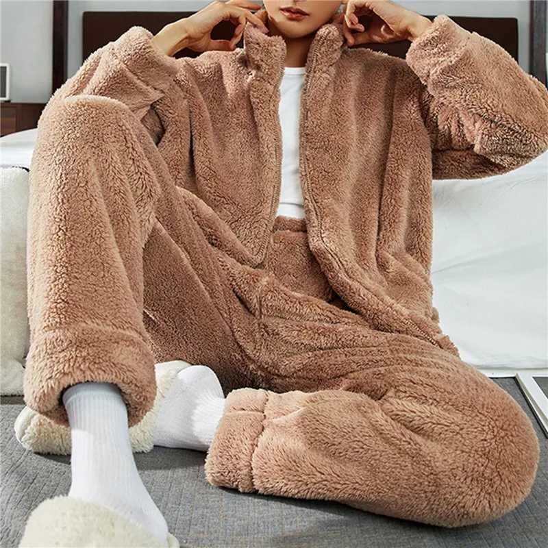 Mens Warm Pajama Set Autumn Winter Thick 2-piece Set Flannel Pajama Flannel Zipper Sleeping Trouser Home ClothingW240719