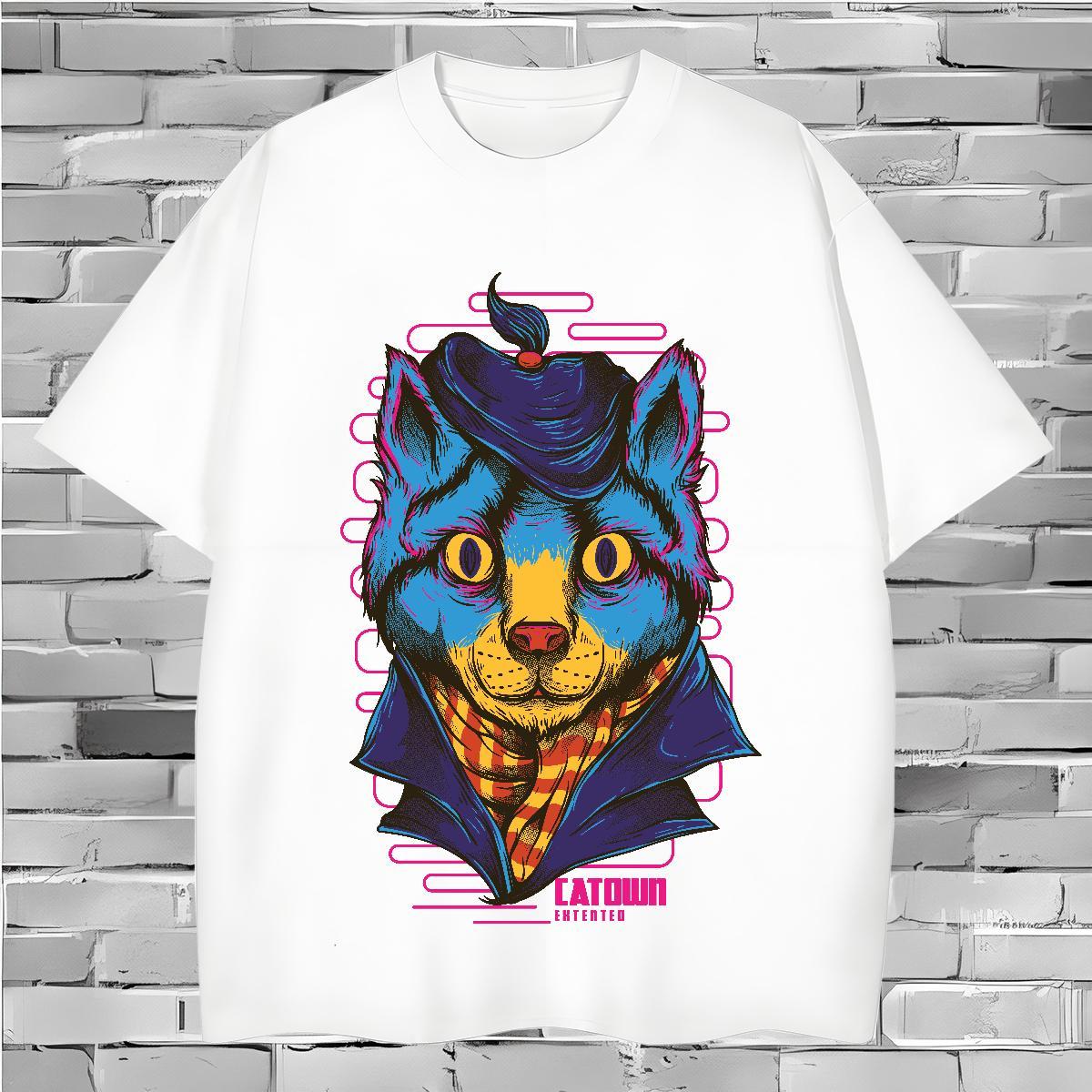 Loose Fit Blue cat T Shirt For Man Daily Wear Tshirt for Man Woman 230g Pure Cotton Stylist Breathable Custom Print Plus Size Tops Shirt