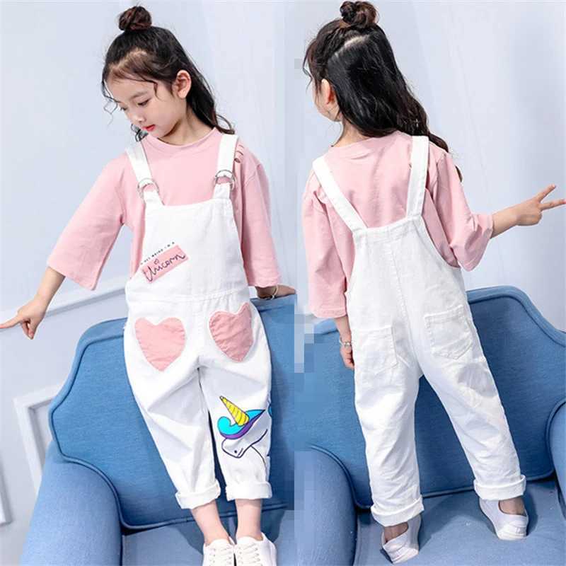 Summer girls pants white bib cover denim jumpsuit new girls cartoon patch stand comfortable childrens clothing jumpsuit W240806
