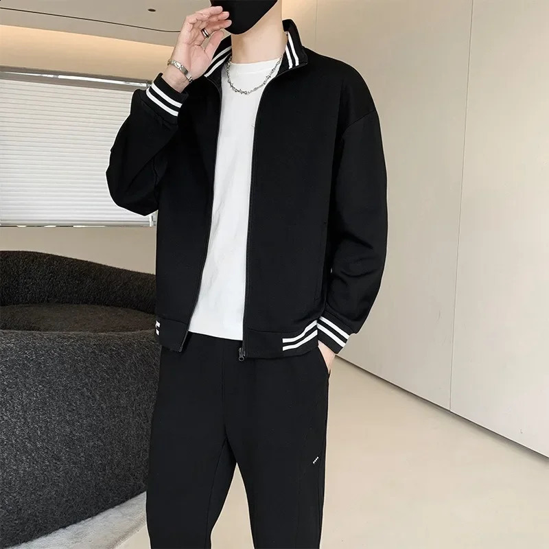 Mens Standing Collar High-end Sweater Mens Set Spring and Autumn Loose Fitting Sports Casual Versatile Cardigan Mens Set 240819