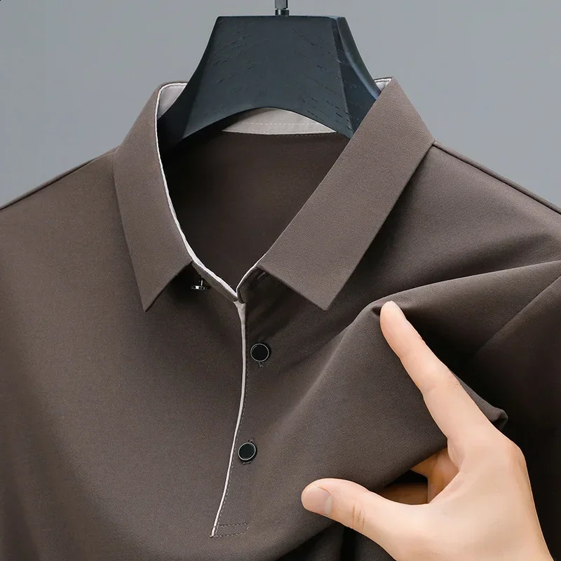 Men brown short-sleeved polo shirt middle-aged lapel T-shirt solid color business casual half sleeve dad fashion polo shirt 240820