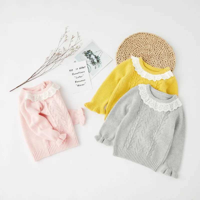 Autumn and winter new cotton childrens knitted shirt girls lace collar sweater top W240820