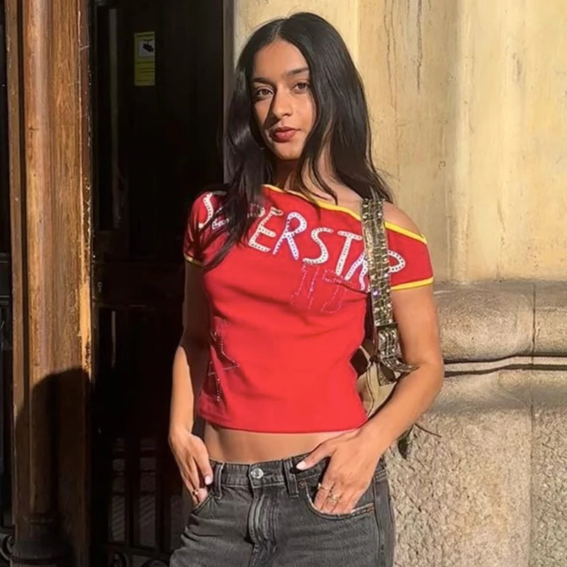 CUTENOVA Shoulder T-shirt Womens Summer Short Sleeve Letter Printed rhinestone Comfortable Casual Syteetwear Tight Top 240820