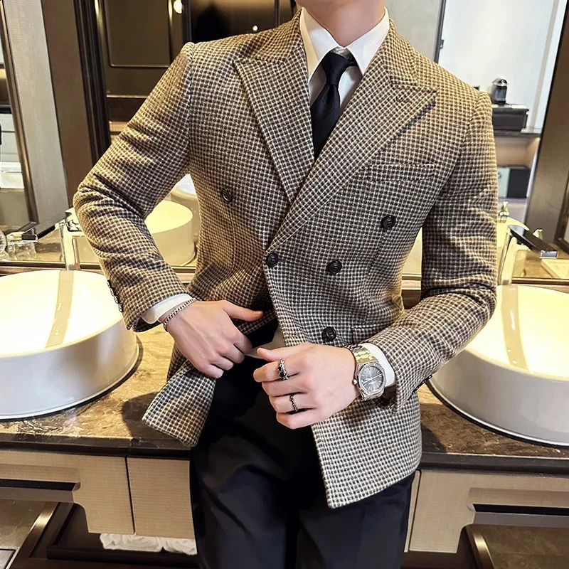 British style mens double chest ultrathin fit jacket Houndstooth official business wedding 240819