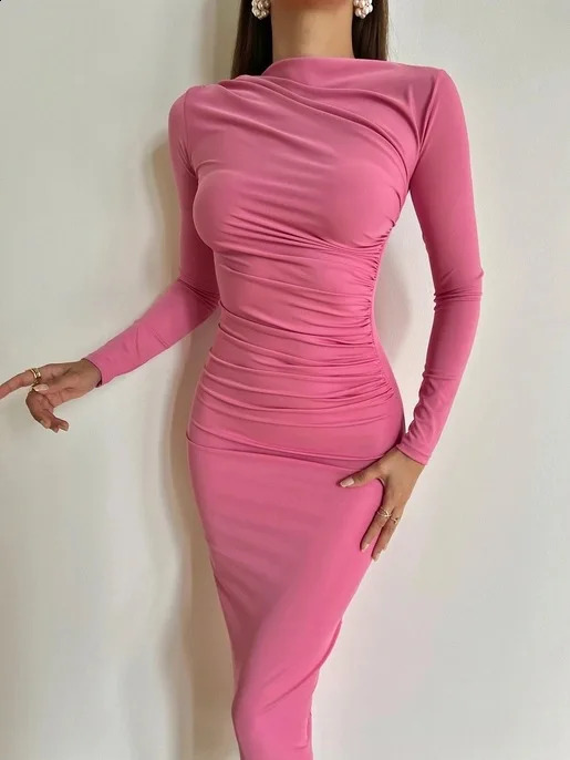 Dress Women Slash Neck Slim Fit Sheath Sexy Long Dresses Full Sleeve Hip Wrap Splice Gown Vestidos Pleated High Waist 240819