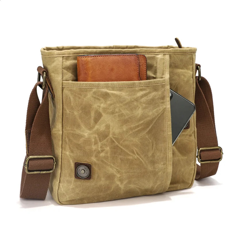 Mens Small Vintage Messenger Waterproof Travel Shoulder Crazy Horse Leather Waxed Canvas Crossbody Bag 240819