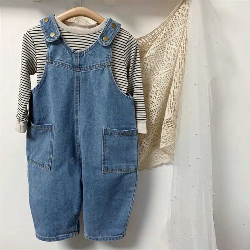 Milancel Autumn childrens clothing fashion girl full set solid denim pants childrens jumpsuit options striped shirt W240806