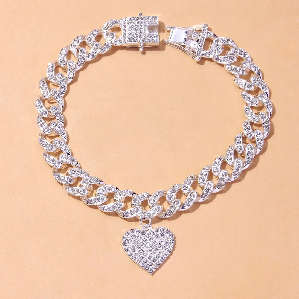 Short and chubby Miami Cuban chain ankle bracelet ice out mens Rhinestone hiphop heartshaped wholesale 240812