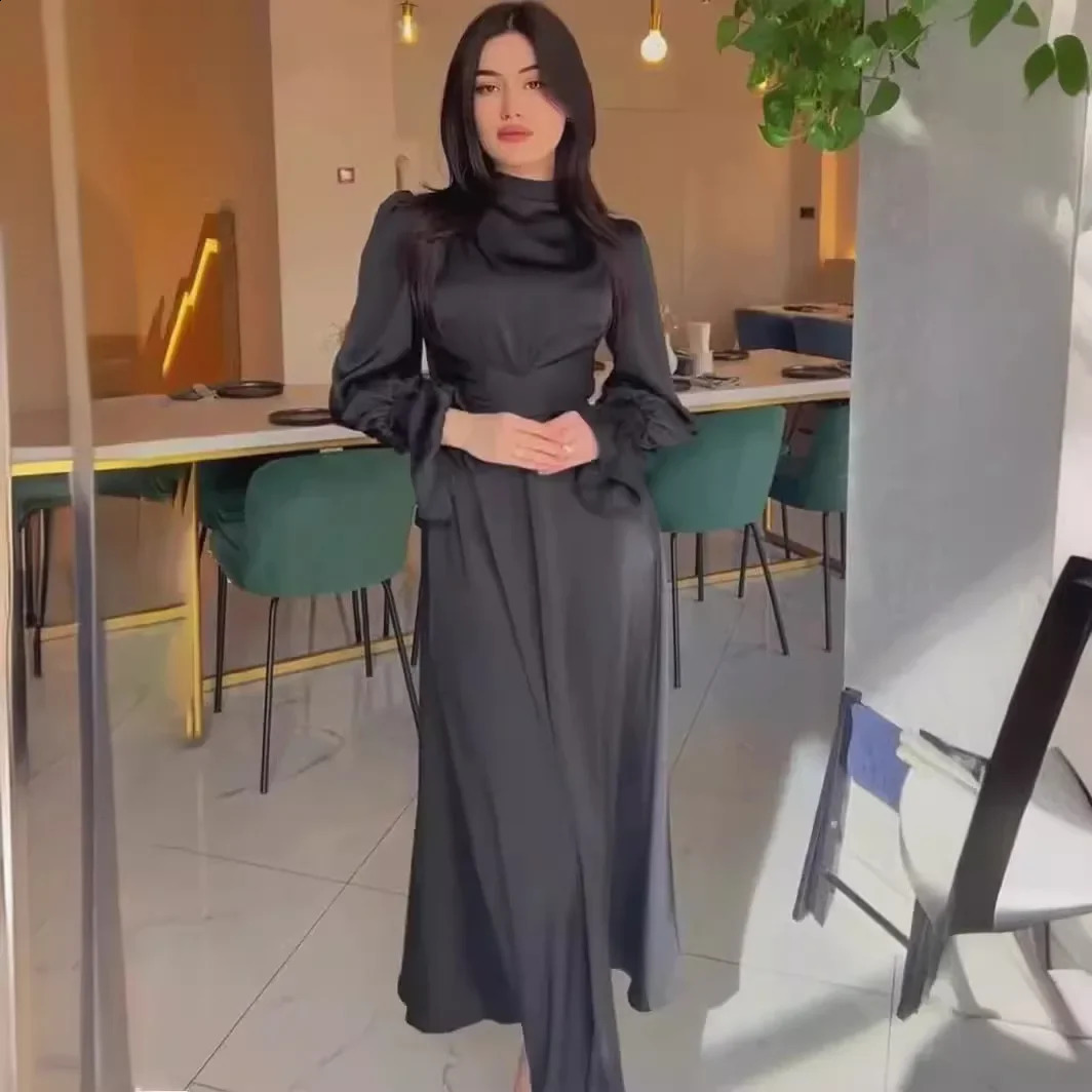 Autumn Satin Women Long Dress Black Evening Lace Up Lantern Sleeve Elegant Dresses Female Fashion Party Vestidos Ladies 240819
