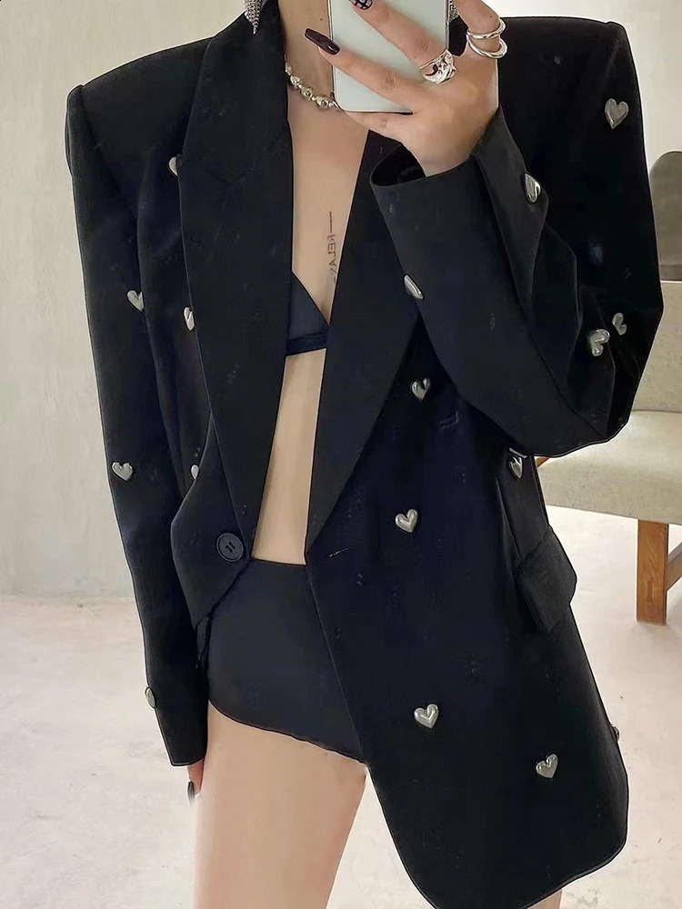 DEAT Fashion Womens Jacket Open Front Long Sleeve Single Button 3D Love Rivet Decoration Set Autumn Style 7AB858 240819