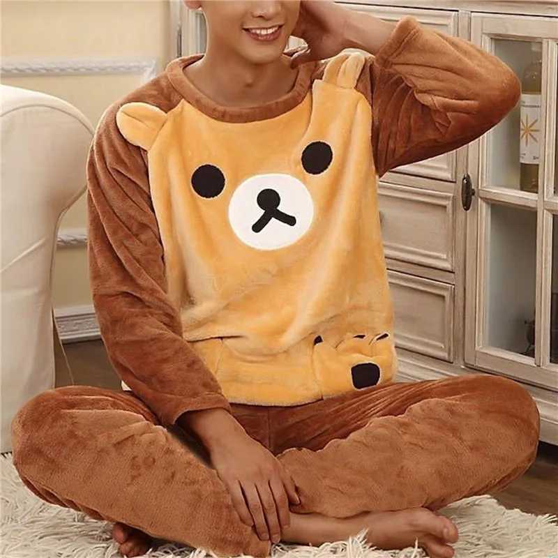 Mens Winter Warm Flannel Pajama Set Long Sleeve Thick Mens Coral Velvet Cute Cartoon Pajama Set New PajamaW240719