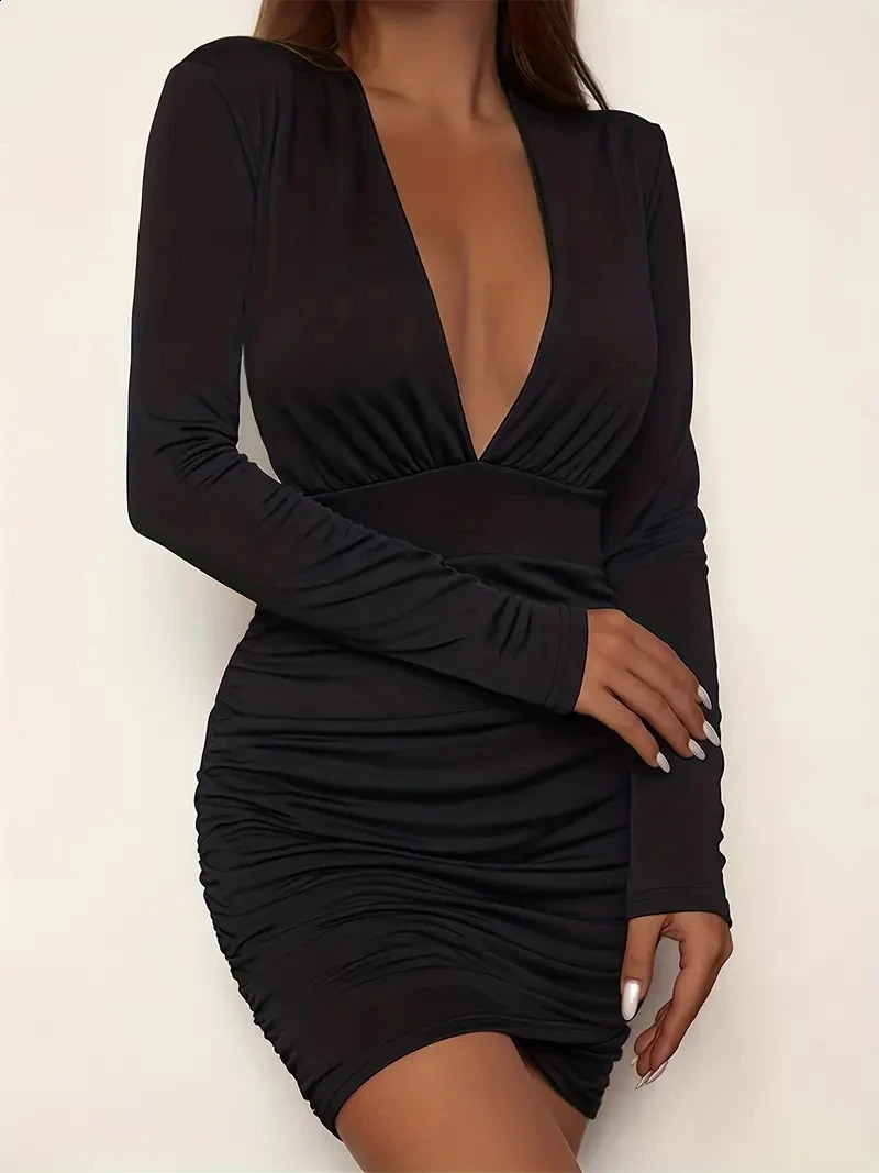 Youre My Secret Womens Ruched Bodycon Plunging V Neck Dress Solid Fashion Sexy Long Sleeve Dress For Spring Fall Basic 240819