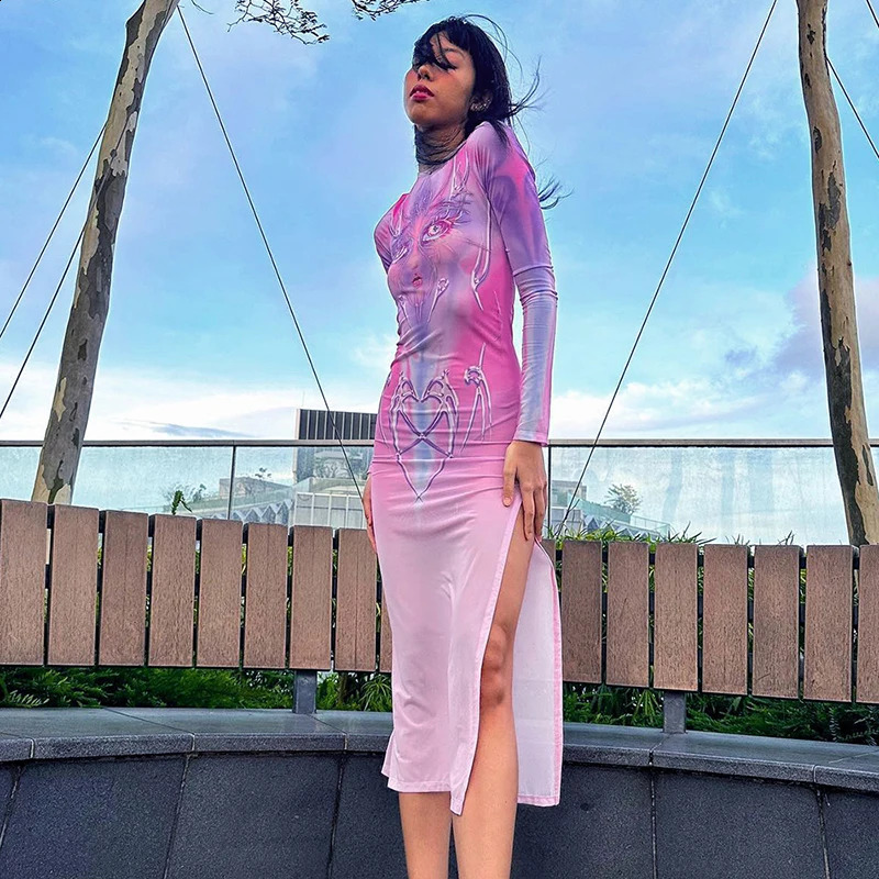 BUILDINGB Women Sexy See Through Spring Autumn Long Sleeve Dress Party Club Streetwear Bodycon Fall Long Dress 240819