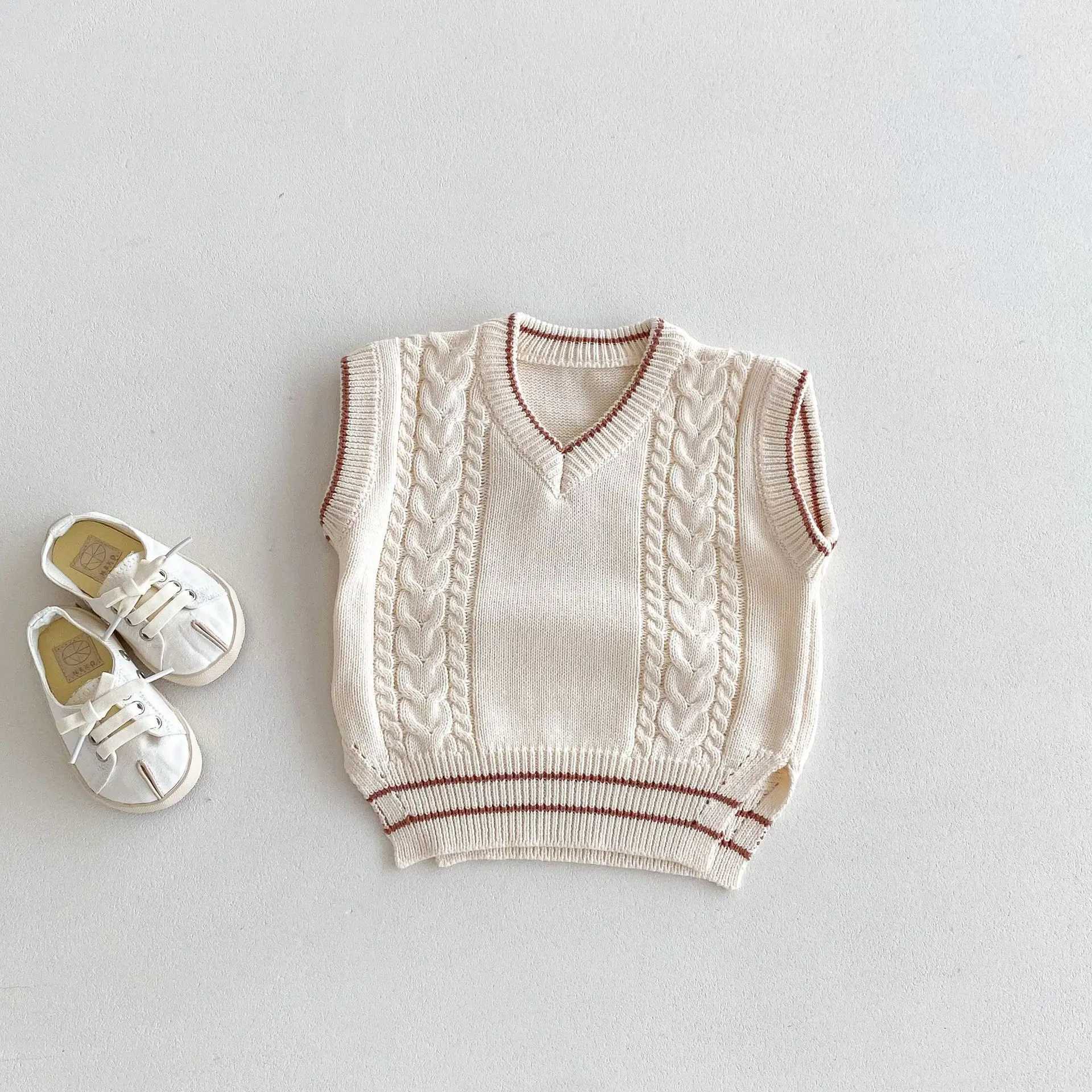 Autumn New Children V-neck Knitted Vest Cotton Loose Boys Girls Solid Casual Sweater Knitwear Baby Sleeveless Tops Kids ClothesXJ240819