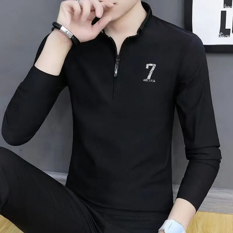 Mens Spring Autumn Turtleneck Solid Pullover Zipper Printed Long Sleeve T-shirt Undershirt Office Lady England Style Loose Tops 240820