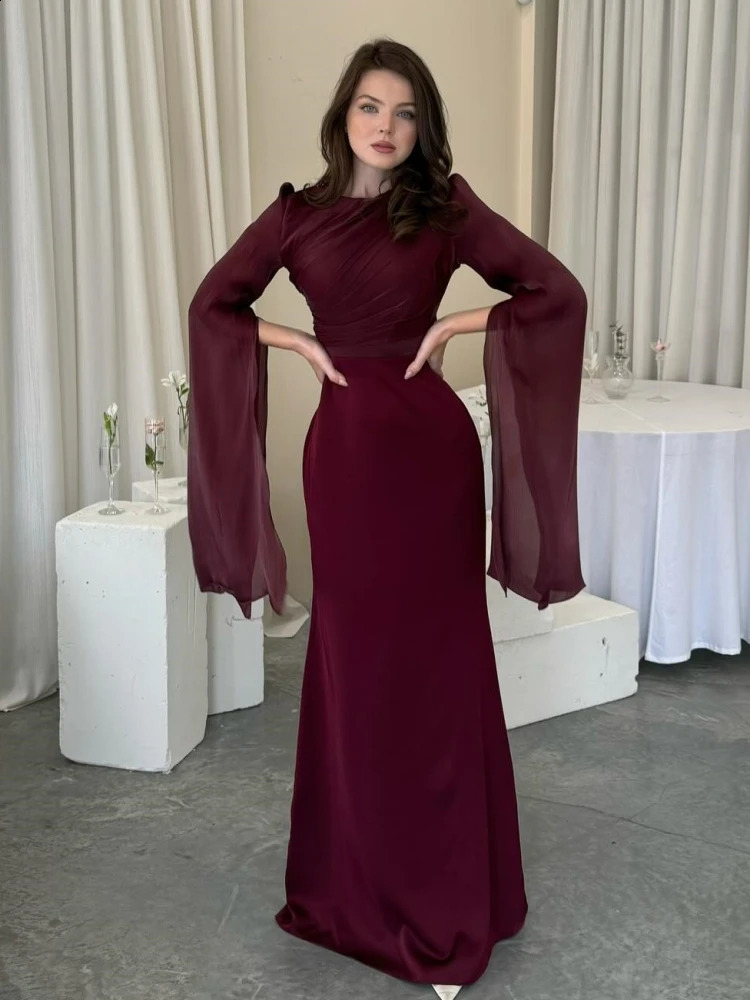 Sexy O Neck Batwing Sleeve Lace-up Slim Fit Long Dress Women Flare Long Sleeve Folds Maxi Dresses Elegant Evening Party Gowns 240819