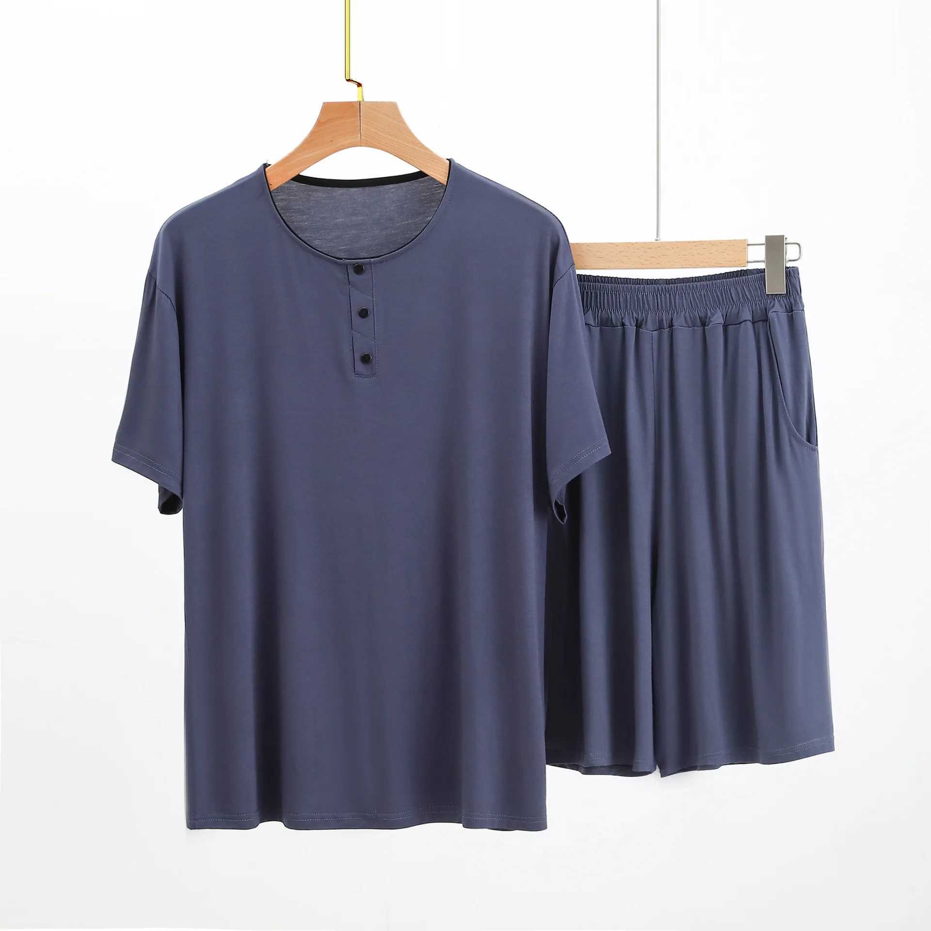 Short sleeved button solid color round neck modular sleep top with short sleeved 2-piece mens sleepwear setW240719
