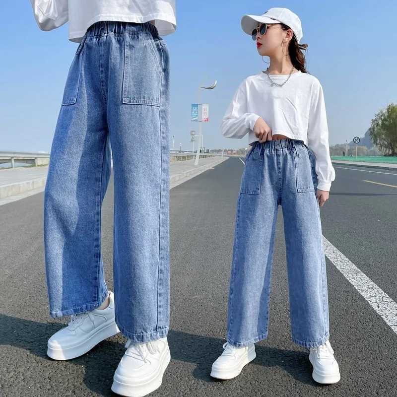 Teenage girl jeans black casual wide leg pants 2023 new school childrens denim Trouser solid loose childrens clothing 12 13 14 years oldW240819