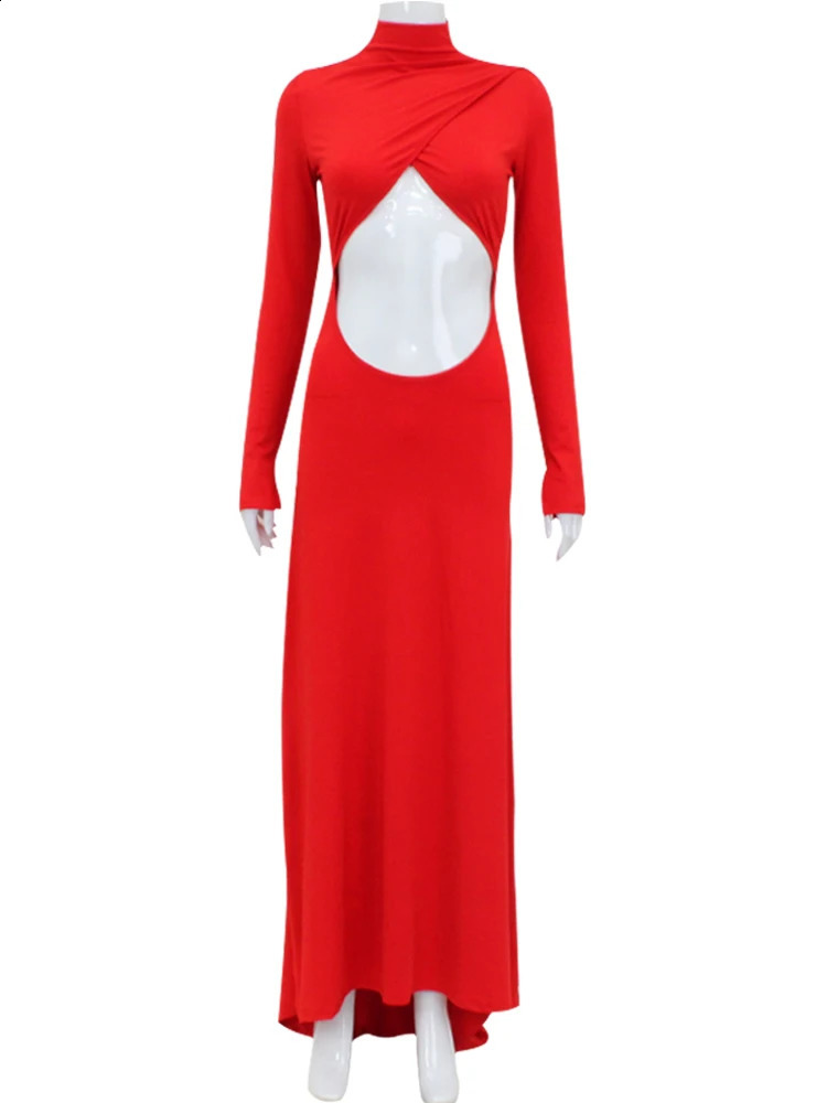 Cnyishe Hollow Out Sexy Backless Club Women Dresses Fashion Turtleneck Streetwear Long Sleeve Sheath Bodycon Female Vestidos 240819