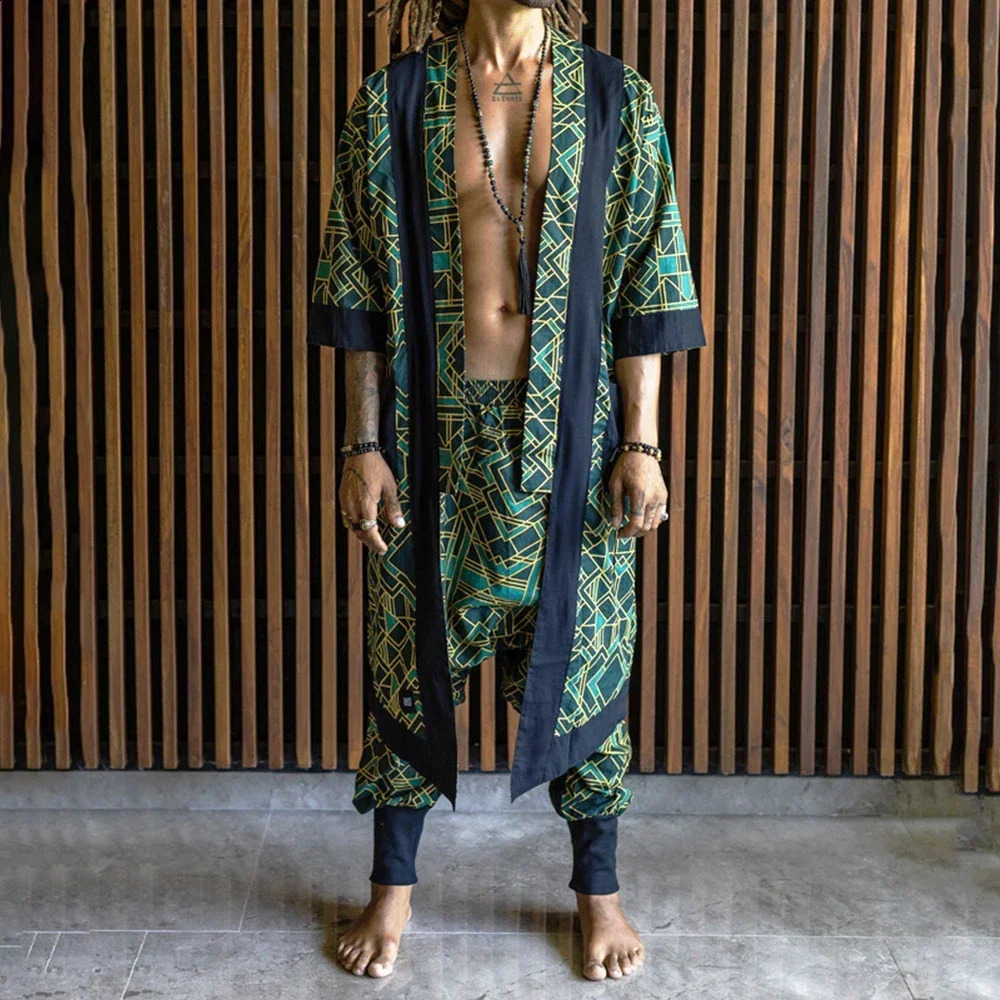 Mens Two-Piece Set 2024 Spring Summer Fashion Retro Casual Vacation Short-Sleeved Long Cardigan Leggings Printed Casual Suit 240819